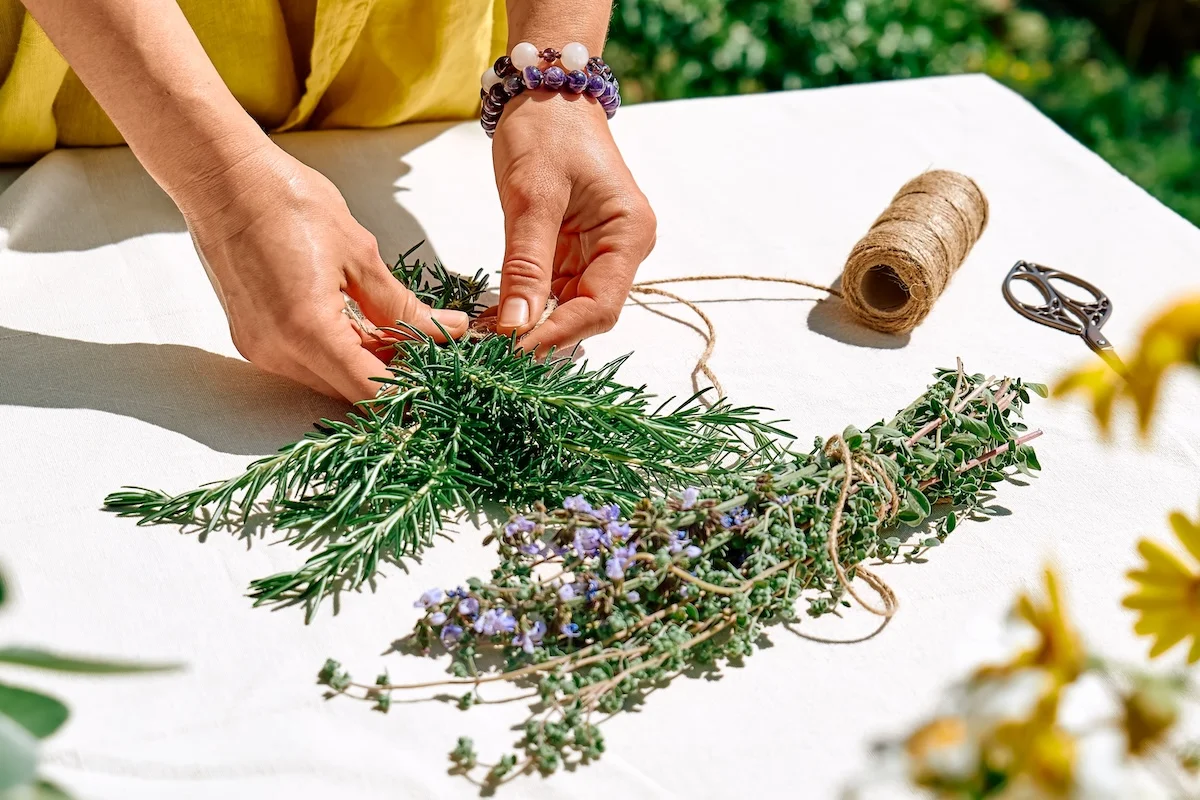Person die Stänge von Lavendel zusammenbindet