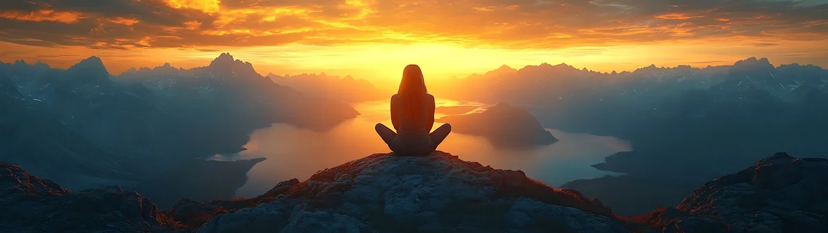 Person die im Vordergrund eines Sonnenunterganges im Schneidersitz sitzt